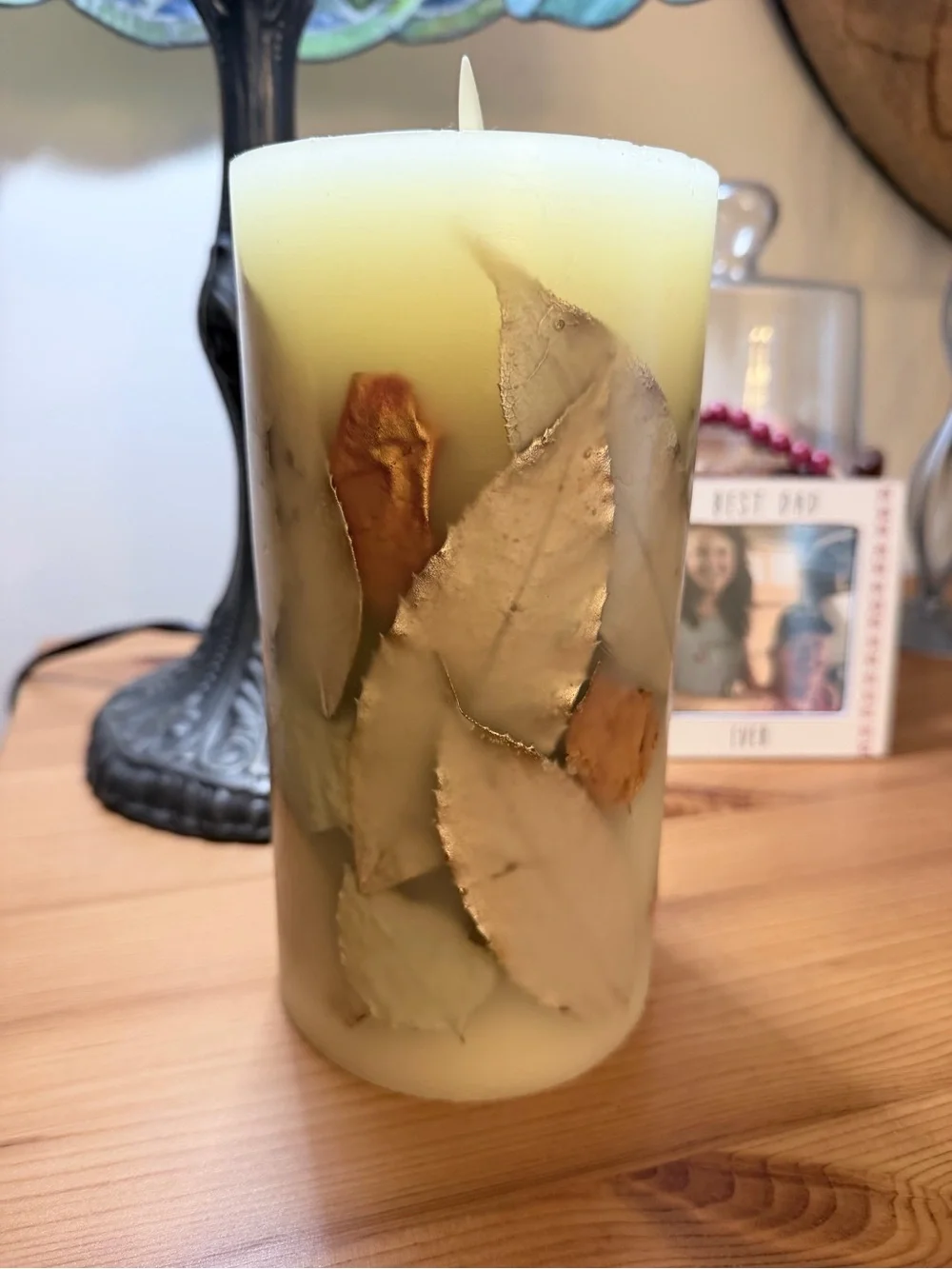 Vintage flameless Cream with Leaf accents  Pillar Candle